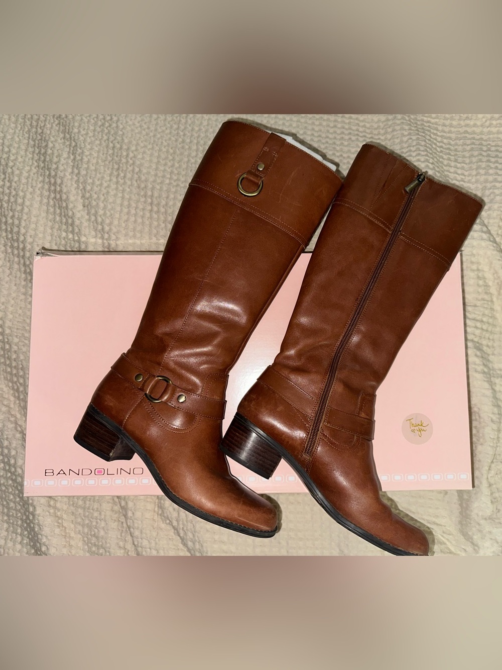 Bandolino Riding Boot Women 7 Cognac Brown Leather Buckle Tall Side Zip Block